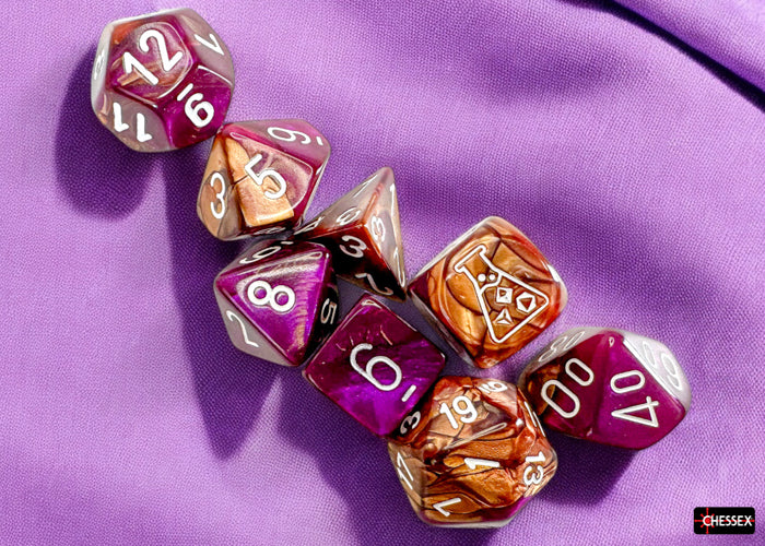 Chessex: Gemini Copper-Purple/white Polyhedral 7-Dice Set (with bonus die)
