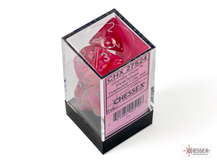 Chessex: Ghostly Glow Pink/silver Polyhedral 7-Dice Set