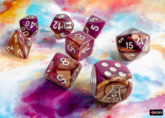Chessex: Gemini Copper-Purple/white Polyhedral 7-Dice Set (with bonus die)
